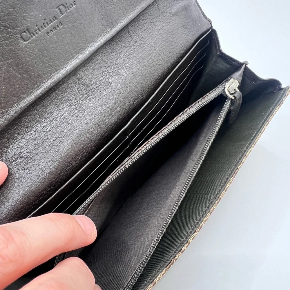 Authentic Christian DIOR Canvas x Leather Monogram Folding Long Wallet